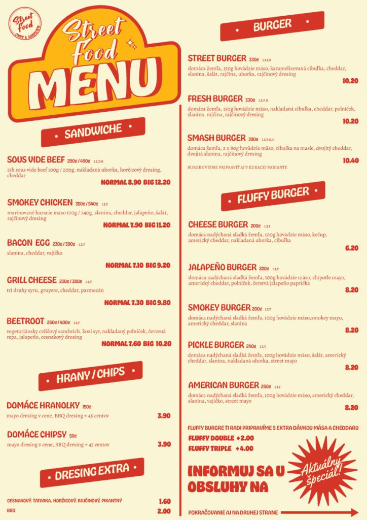 menu streetfood púchov jedálny lístok